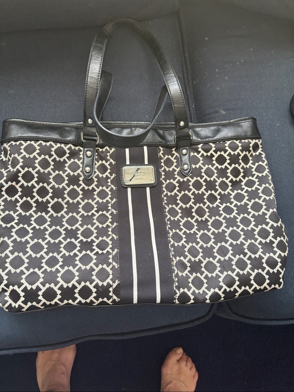 Tommy Hilfiger Black and Cream Geometric Stripe Tote